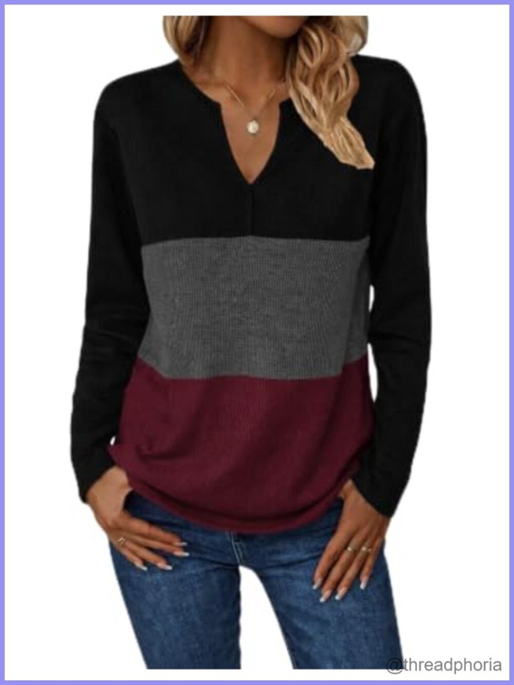 Waffle Knit V Neck Long Sleeve Tunic Top Color Block Pullover